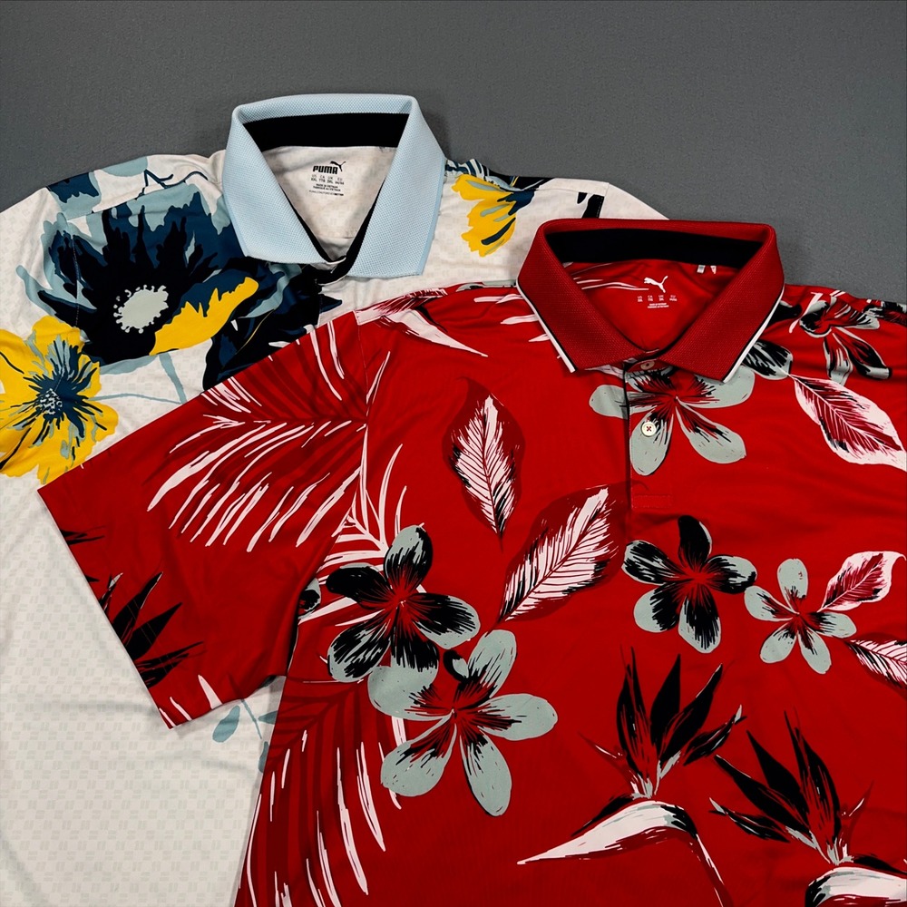 Puma Golf Polo Shirts Mens XXL Bundle Floral Tropical Red White 2 Pack